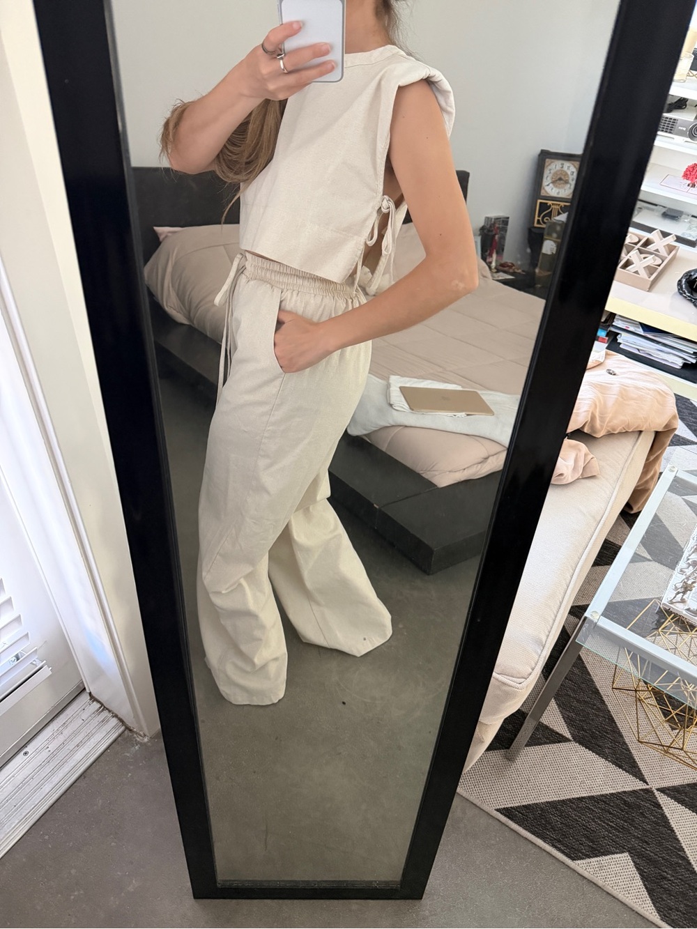 Cream linen Wide-Leg Drawstring Pants — Relaxed High-Rise - Picture 6 of 7